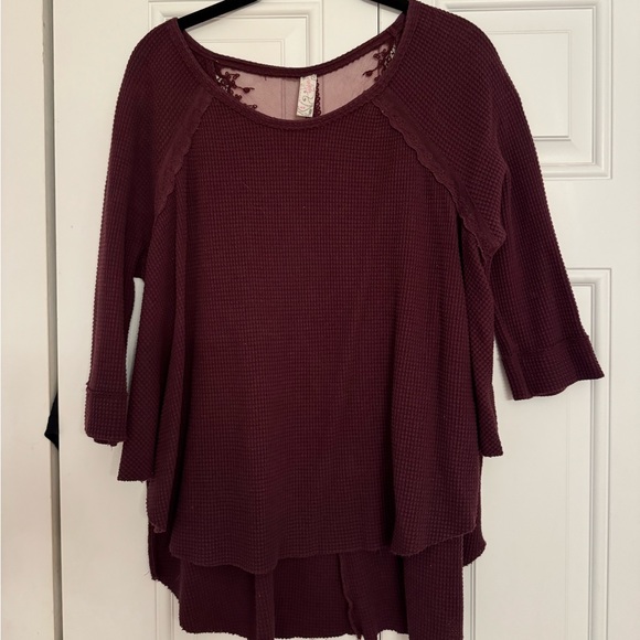 Free People Maroon Open Back Lace Waffle Top Medium - Picture 9 of 10